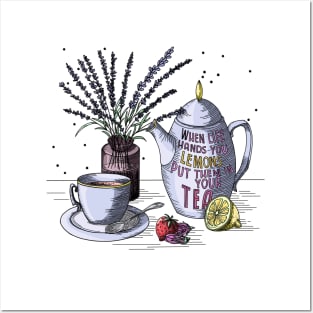 Herbal tea set. Tea cup, teapot with text and lavender in a vase. Posters and Art